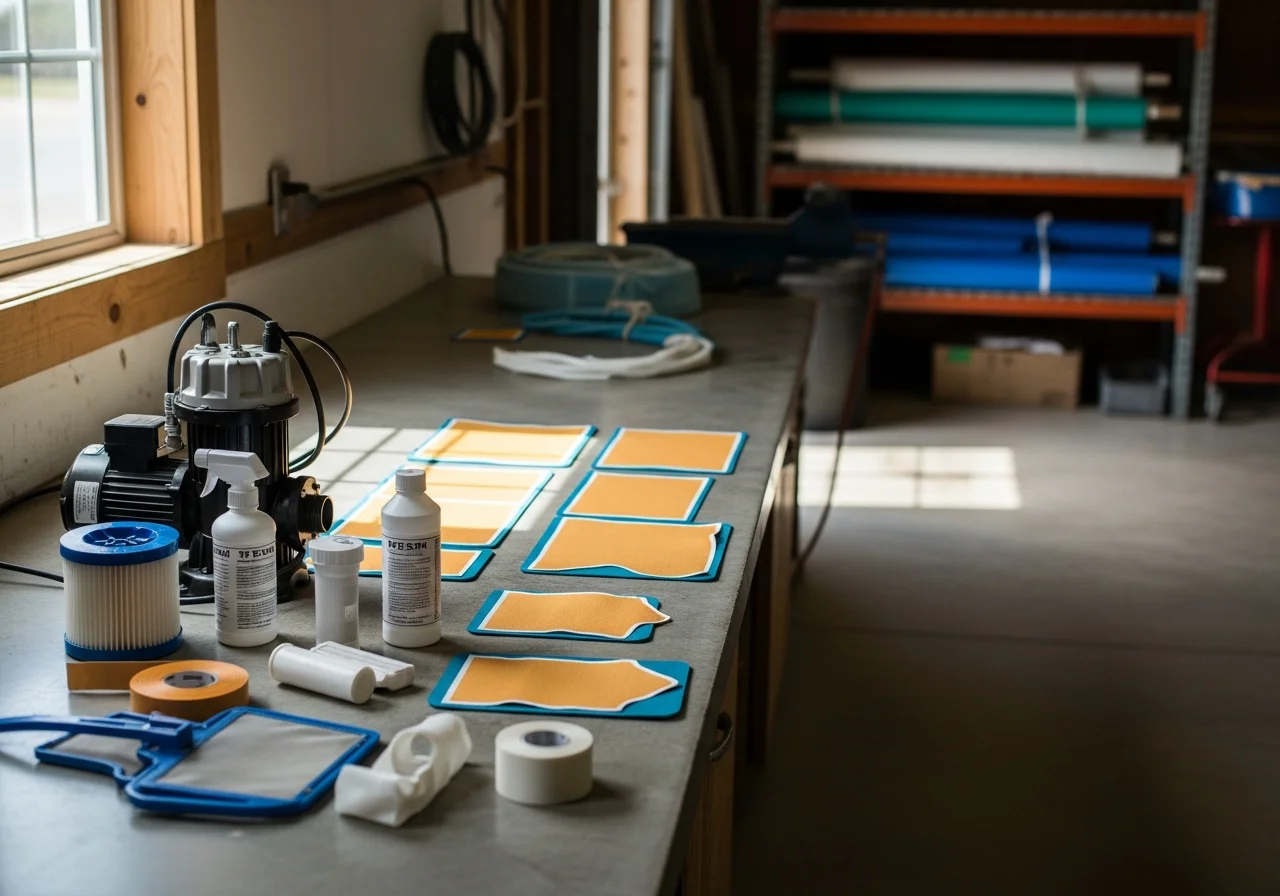 Pool contractor tools and equipment staged on a work surface, ready for installation and service calls.