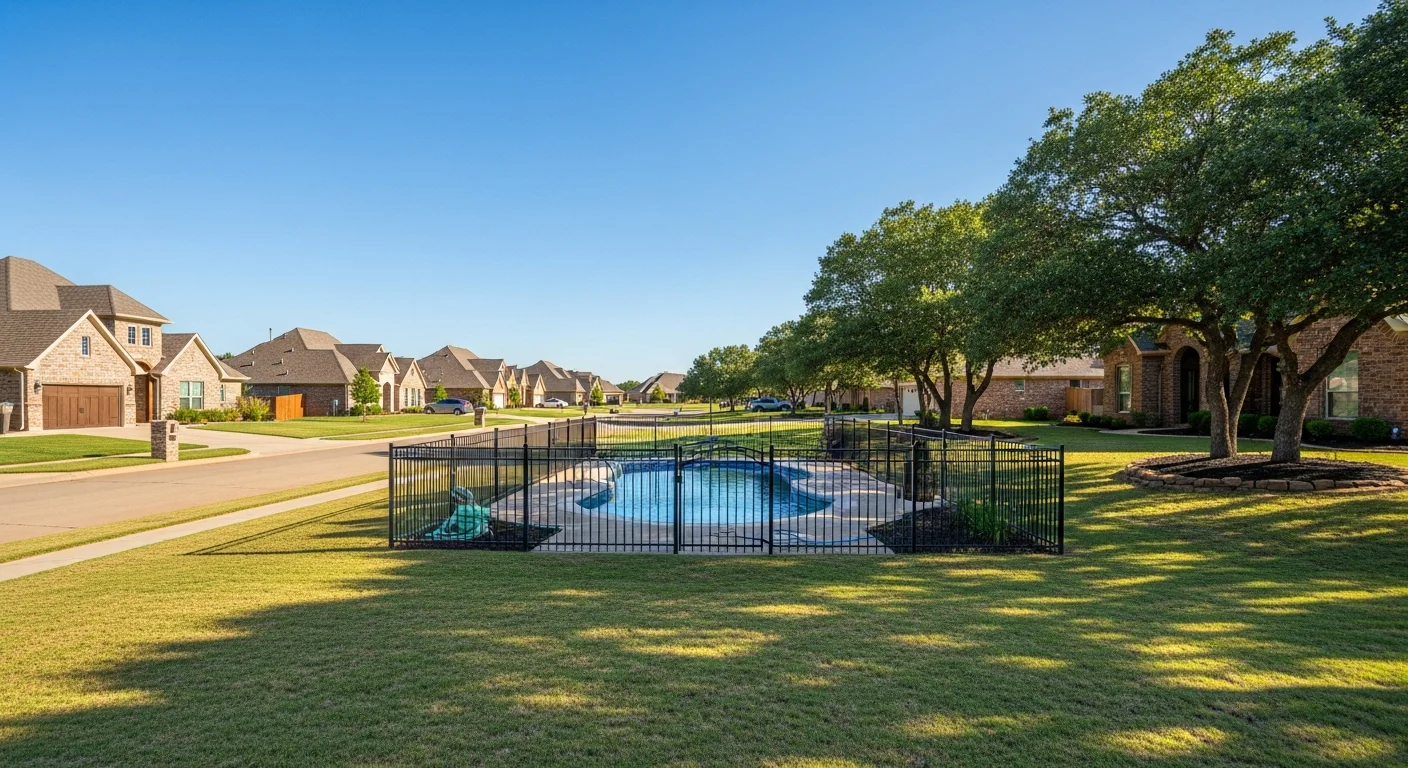 Suburban Owasso street with new two-story homes and manicured lawns under clear Oklahoma sky.
