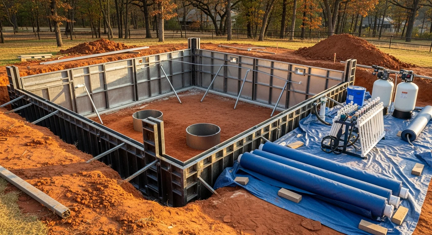 A finished custom inground vinyl liner pool in an Owasso, Oklahoma backyard with a concrete pool deck and clear blue water. The pool features a smooth vinyl liner and steel wall construction suited to the residential lot.