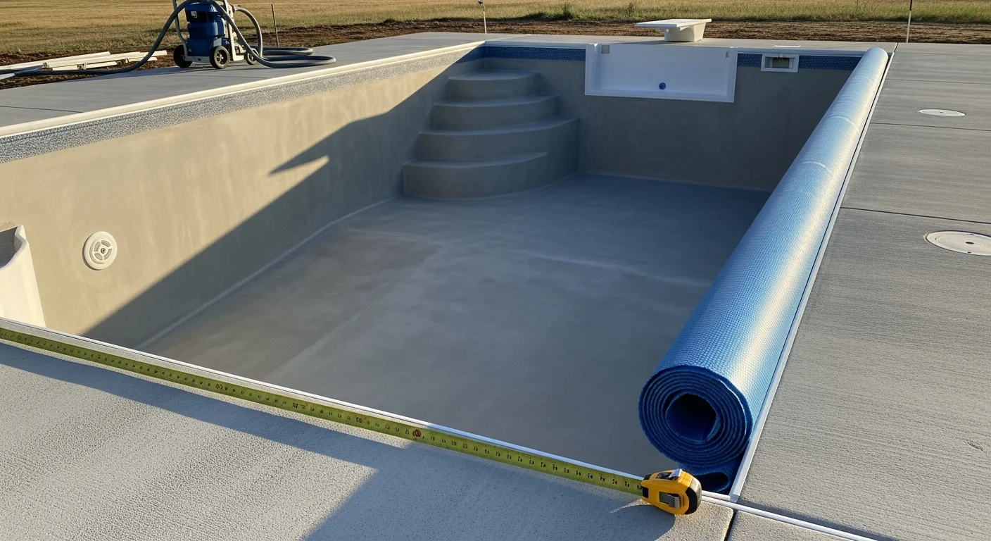 A freshly installed custom inground vinyl pool liner in an Owasso, Oklahoma backyard, showing a smooth wrinkle-free surface with clean water and visible step details. The liner features a patterned design that contrasts against the pool coping and surrounding deck.
