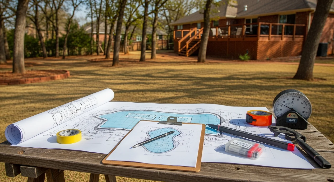 A pool design consultation in progress for an Owasso, Oklahoma homeowner, showing a backyard site plan with pool shape, deck layout, and equipment placement mapped to the property. The setting reflects a residential lot typical of Tulsa County with open yard space and a covered patio area.