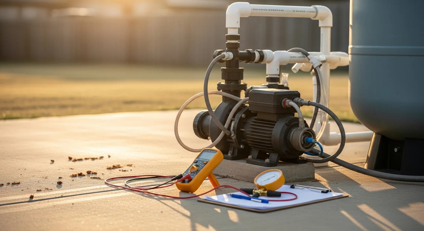 A pool equipment pad in an Owasso, Oklahoma backyard showing a pump, filter, and heater being inspected by a pool technician. The equipment sits beside a residential in-ground pool on a sunny day.