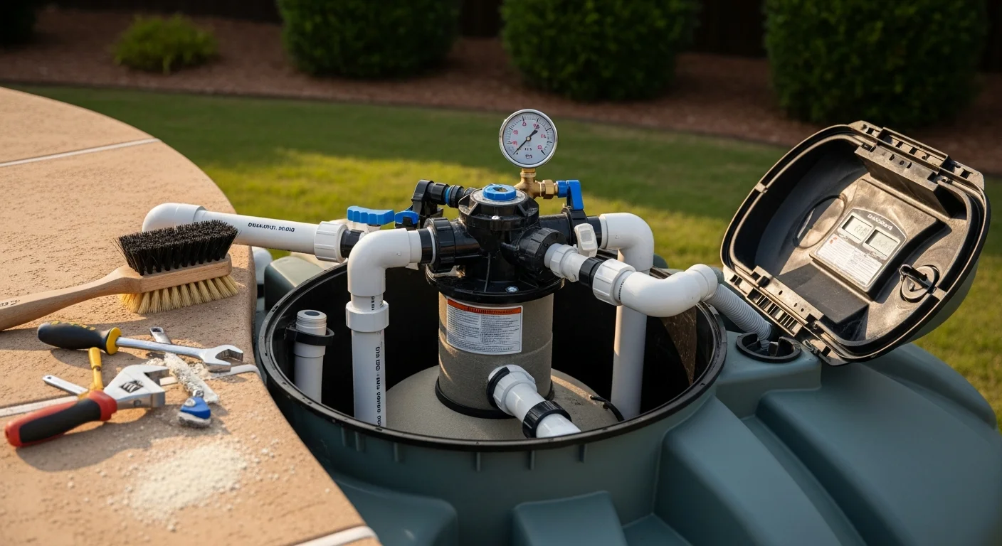 A pool technician inspecting an open residential pool filter housing in an Owasso, Oklahoma backyard. The pool water in the background is clear blue, showing the result of a completed filter repair service.