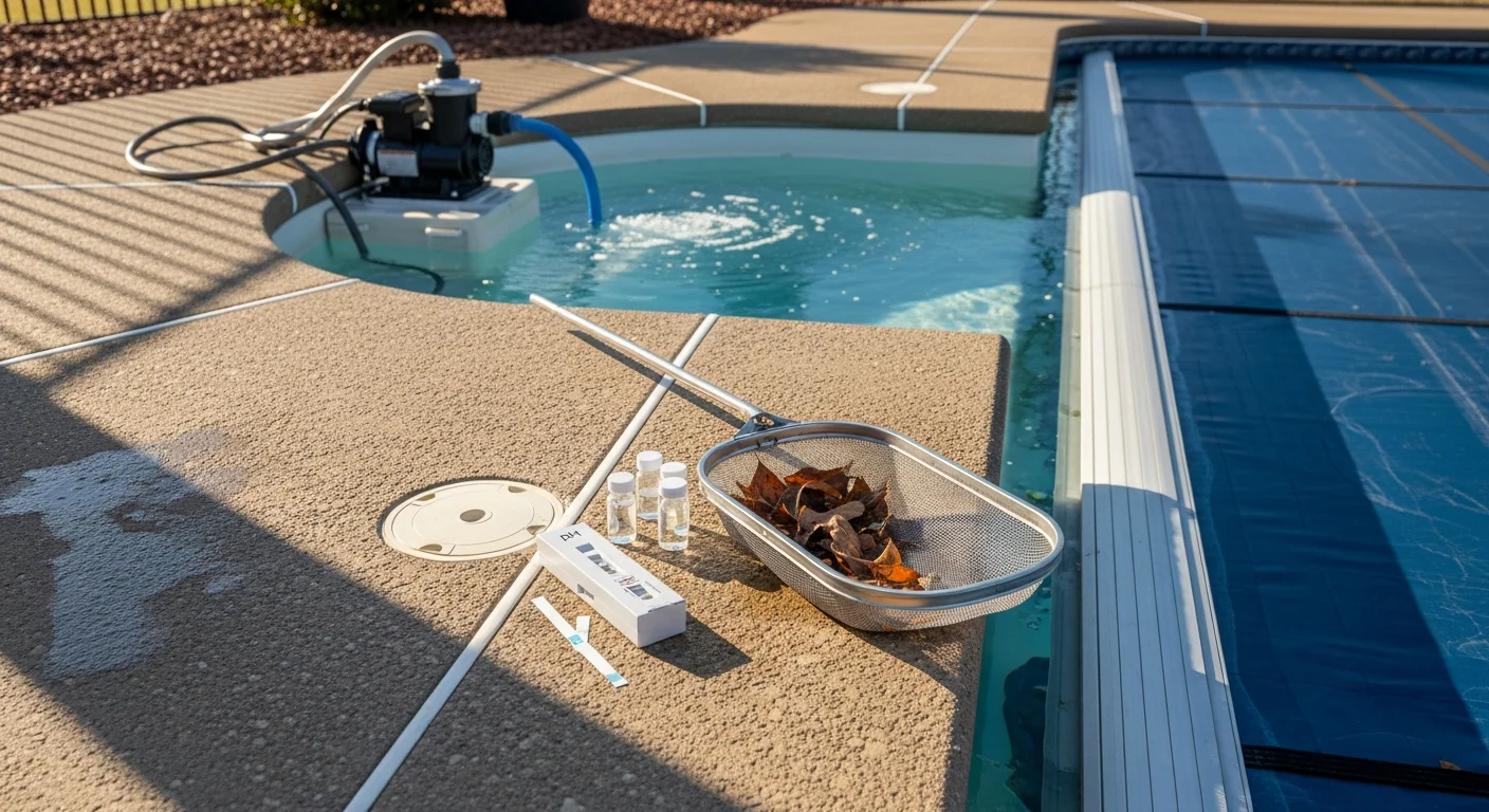 A clean residential inground pool in Owasso, Oklahoma with the winter cover removed and water reflecting a clear blue sky. A pool technician reinstalls a ladder fitting during a professional spring pool opening service.