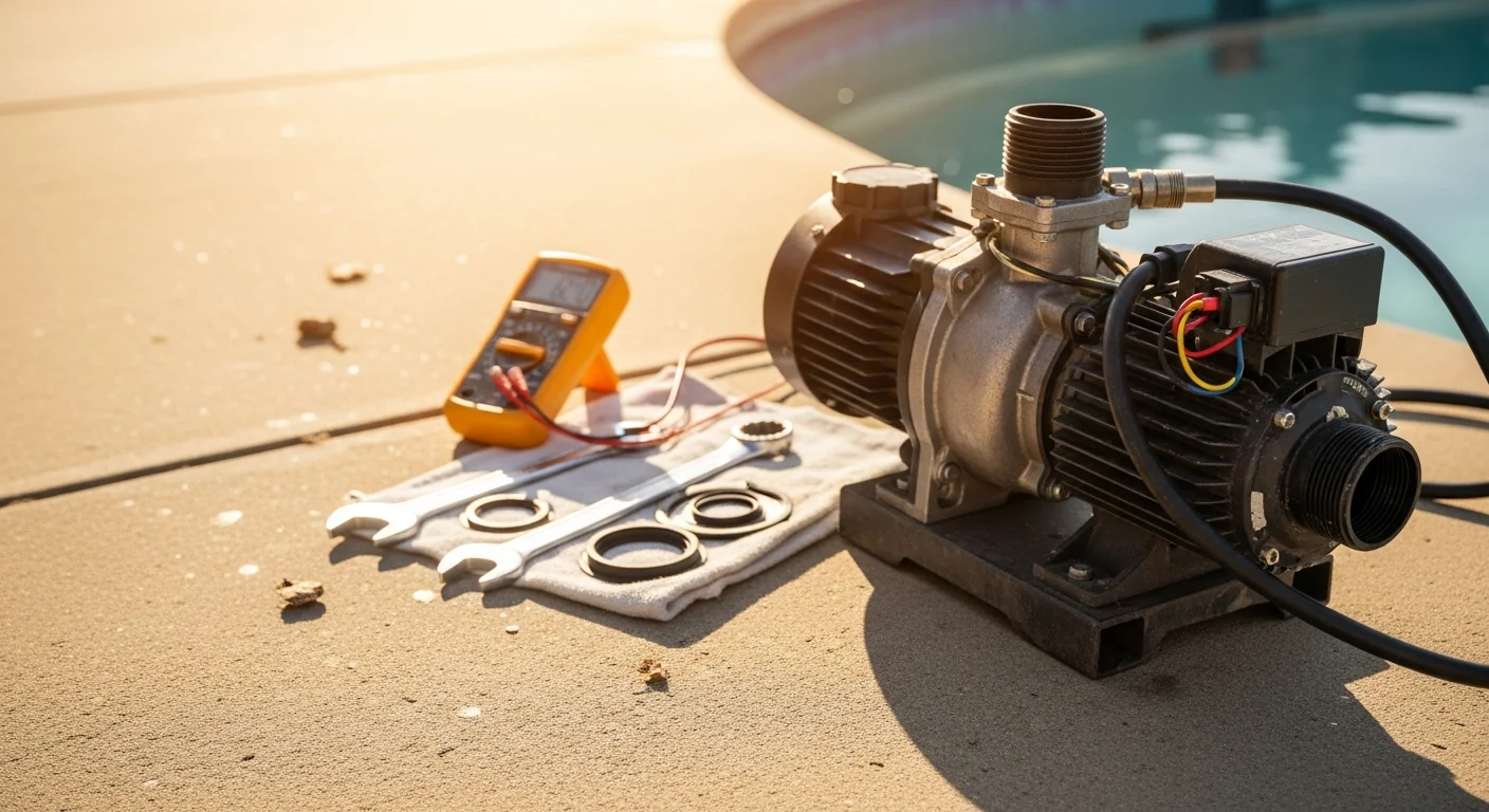 A pool pump and motor unit mounted on a concrete pad beside an in-ground pool in an Owasso, Oklahoma backyard. A technician inspects the pump housing and intake lines during a repair service call.