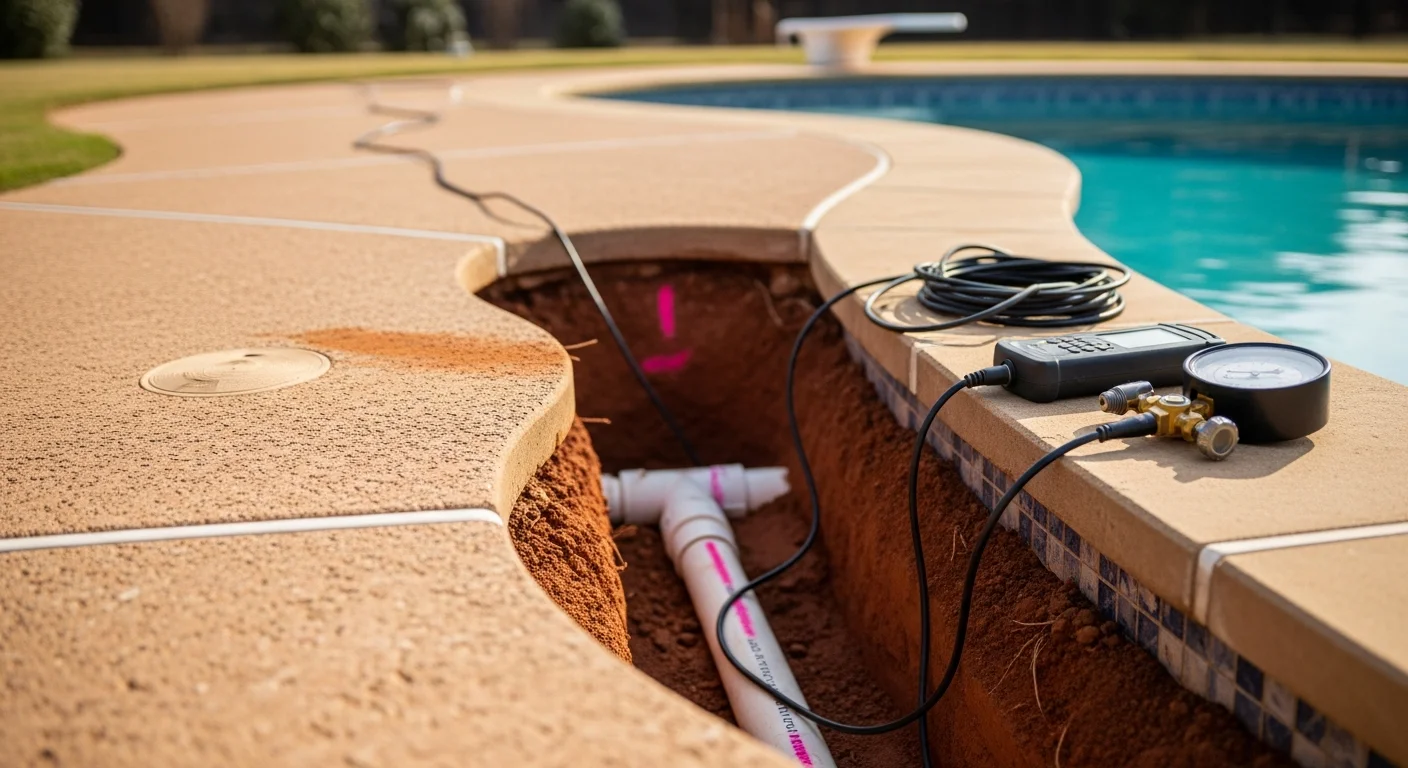A pool technician performing pressure testing on underground plumbing lines at a residential swimming pool in Owasso, Oklahoma. The pool deck and backyard remain undisturbed during the non-invasive leak detection process.