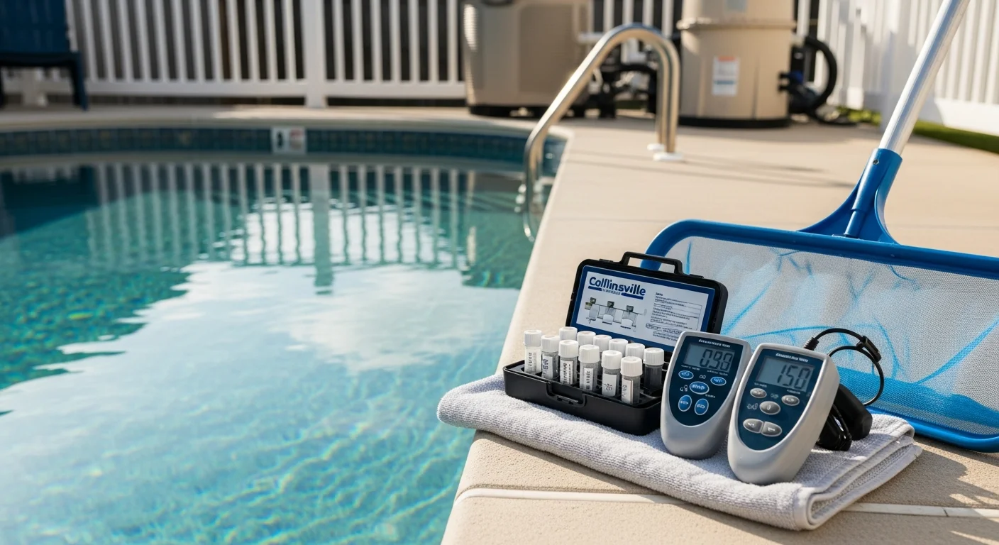 A clean, clear inground swimming pool in an Owasso, Oklahoma backyard with a technician checking water chemistry levels poolside. Pool surface is free of debris with visible blue water under bright Oklahoma sunlight.