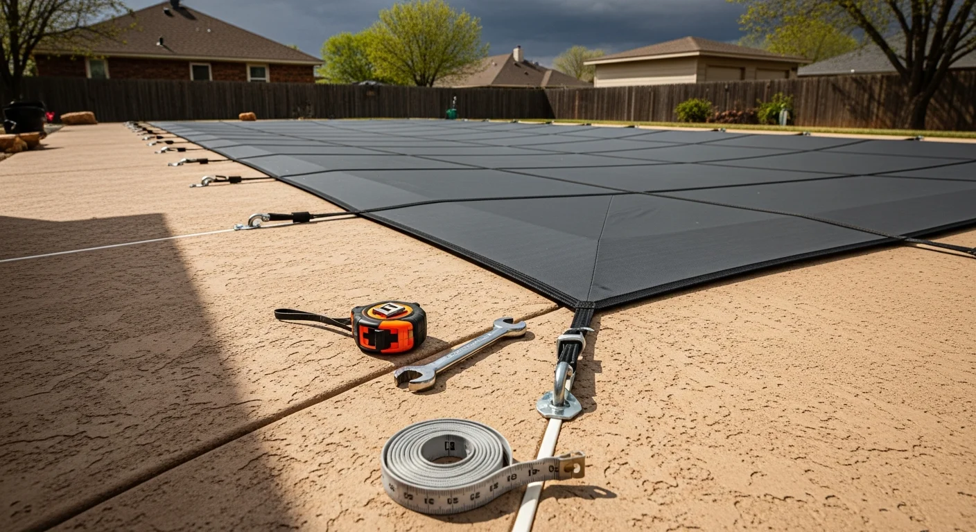 A properly anchored pool safety cover stretched tightly over an inground backyard swimming pool in Owasso, Oklahoma. Stainless steel anchor hardware is visible around the concrete pool deck with the cover pulled flat and evenly tensioned across all sides.